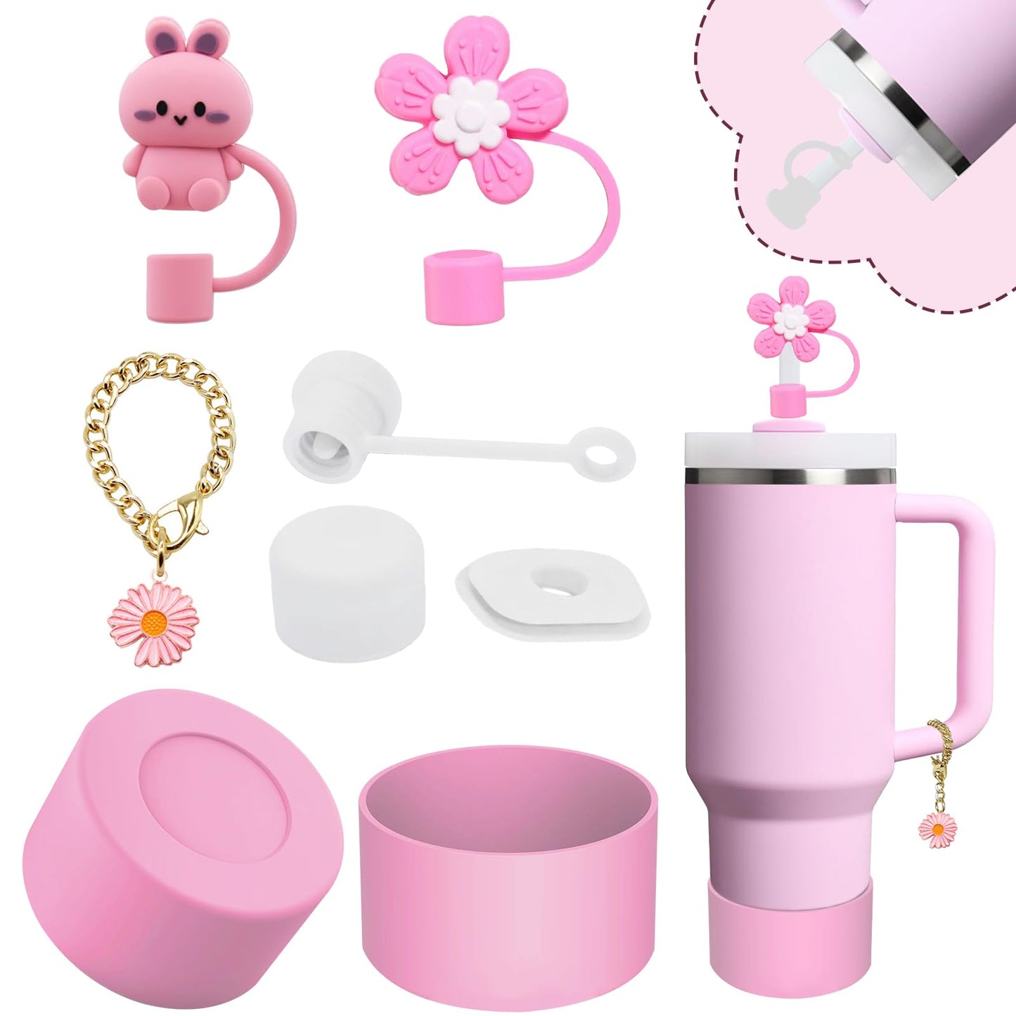 Stanley Cup Accessories Set,Including 2 Pcs 0.4in Straw Cover, 1 Silicone Spill-Proof Stopper Set of 3, 1 Cute Flower Handle Charm, 1 Silicone Boot Fits Stanley 40&30 Oz Tumbler (Lavender Pink)