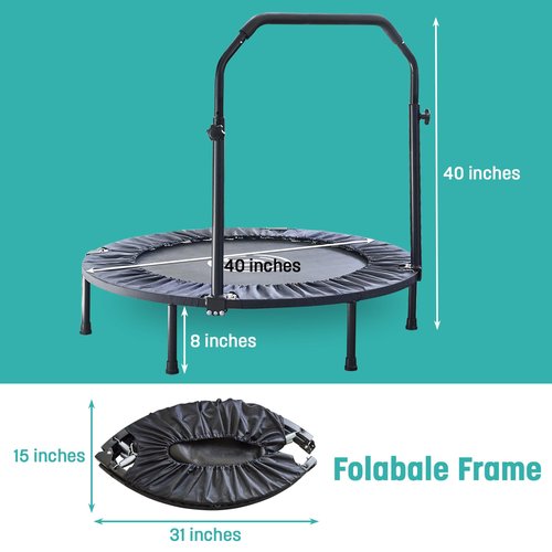 SKYWALKER TRAMPOLINES 40” Foldable Fitness Trampoline, Indoor and Outdoor Adult Fitness Rebounder, 6 Level Adjustable Foam Handrail, Max 330 lbs