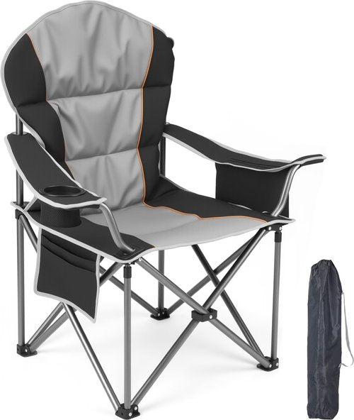 Elevon Oversized Camping Chair for Adults, Portable Folding Chair Heavy Duty, Support 500 LBS Steel Frame Padded Chair with Cup Holder Cooler Bag, Black