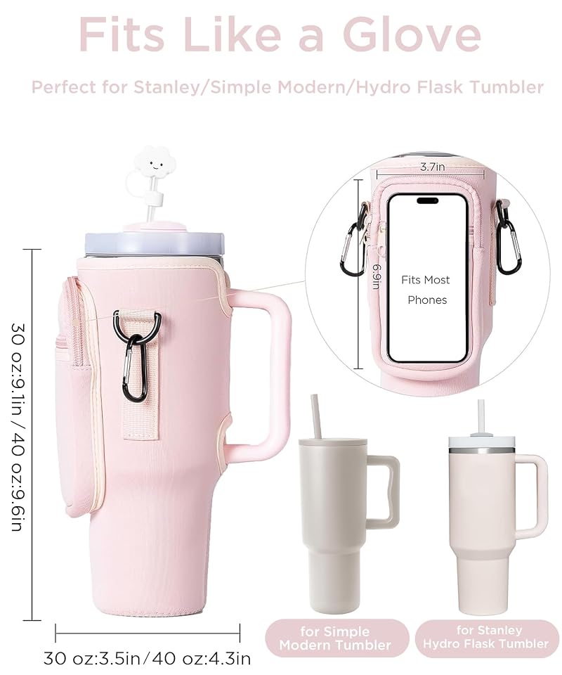 Dabria Pink 40 oz Stanley Water Bottle Holder with Strap & Straw Cover — Neoprene Pouch