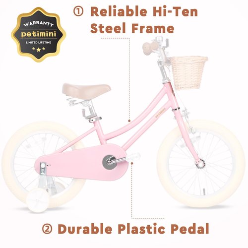 Petimini 12 Inch Kids Bike for Age 2 3 4 Years Old Little Girls Toddlers Retro Vintage Style Bicycles with Basket Training Wheels and Bell, Pink