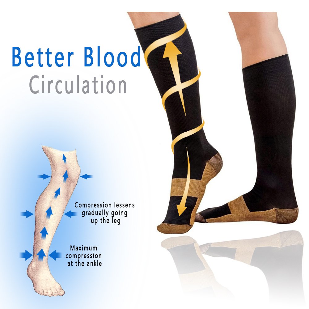Graduated Copper Compression Socks 6 Pairs Knee High Socks for Men Women Pain Ache Relief Stockings 15-20 mmHg (XXL, Black)