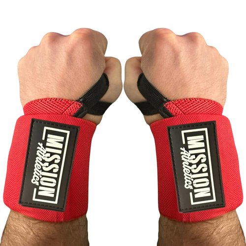 Mission Athletics Wrist Wraps for Weightlifting - 18” Premium Quality Wrist Straps for Weightlifting With Thumb Loops, Best Gym Wrist Wraps for Lifting Weights, Curls & Dips, Bench Press, Powerlifting & Weight Training - For Men and Women (Red)