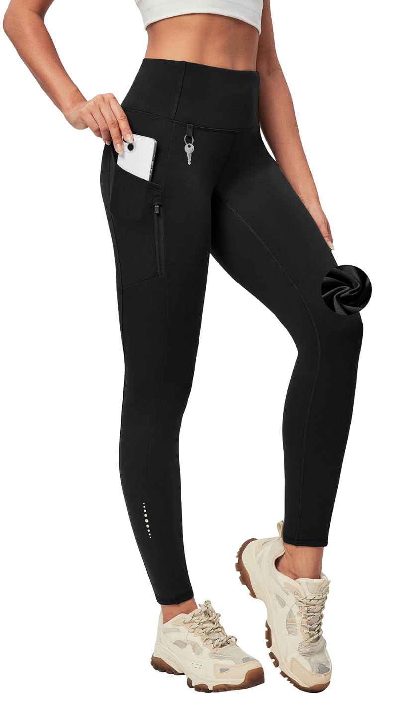 Heathyoga Fleece Lined Leggings Women with Pockets - Black, Medium