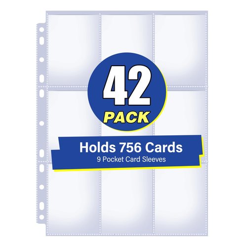 42 Pack 9 Pocket Double Side Card Sleeves Binder Sheets, Holds 756 Cards, Trading Card Binder Sleeves for 3 Ring Binder, Card Sleeve Pages for Baseball, Football, Business, TCG, Kpop Cards