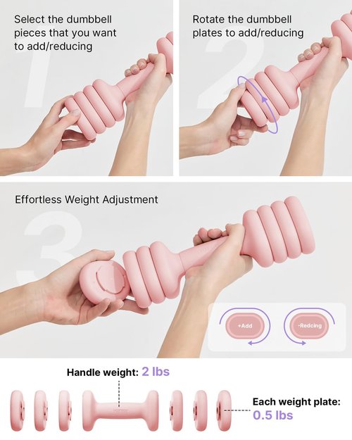 YOTTOY Adjustable Dumbbell Set of 2, 4-in-1 Hand Weights for Women at Home, Compact Free Weights Dumbbells Set with Soft Grip and Base, 2-5 lbs Each for Home Gym (Pink)