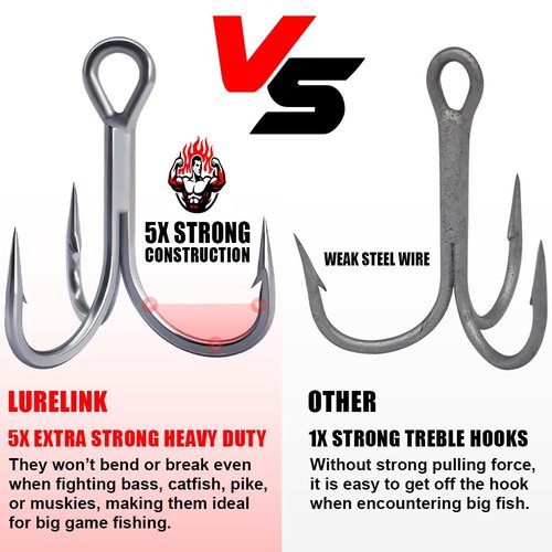 Fishing-Treble-Hooks-5X-Extra-Strong-Heavy-Duty Ultra Anti-Rust Bulk Hooks for Saltwater and Freshwater Fishing Sizes 5/0 to #8 (5X Extra Strong, Size:6 24-Pack)