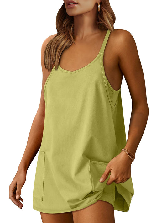 ANRABESS Women Athletic Dress Summer Tennis Workout Active Sports Mini Romper Dress Built in Shorts Travel Vacation Clothes Light Green Small