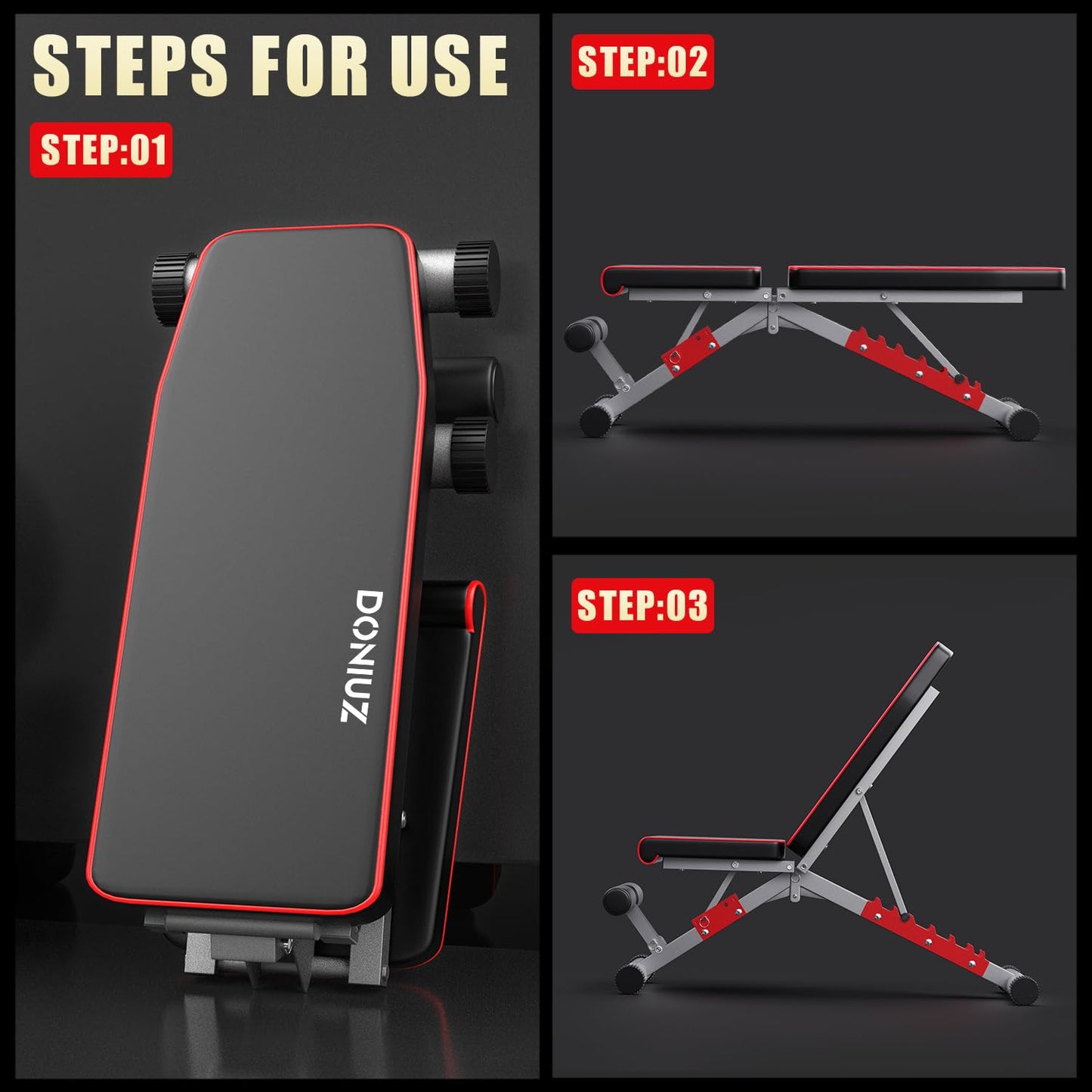 DONIUZ Weight Bench, Adjustable Workout Bench Press Set for Home Gym Strength Training, Easy Assembly Foldable Training Lifting Bench for Small Space Apartment Room, Max Load 750(RedBlack)
