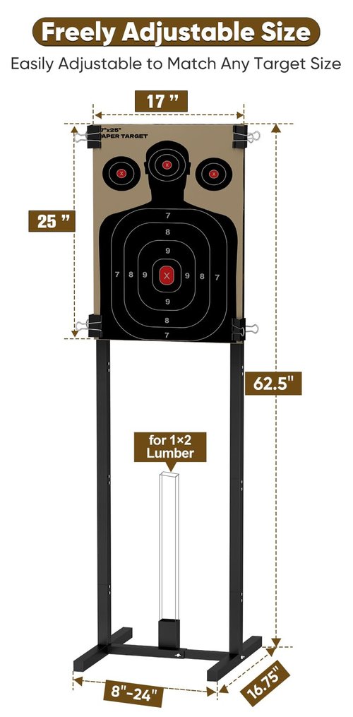 Balie Space 2-in-1 Shooting Target Stand Holder with 10pcs 17x25 Inch Paper Targets for Outdoor, Heavy Duty Range Base Adjustable Width from 8" to 24" for Cardboard Silhouette and Steel Target, Black