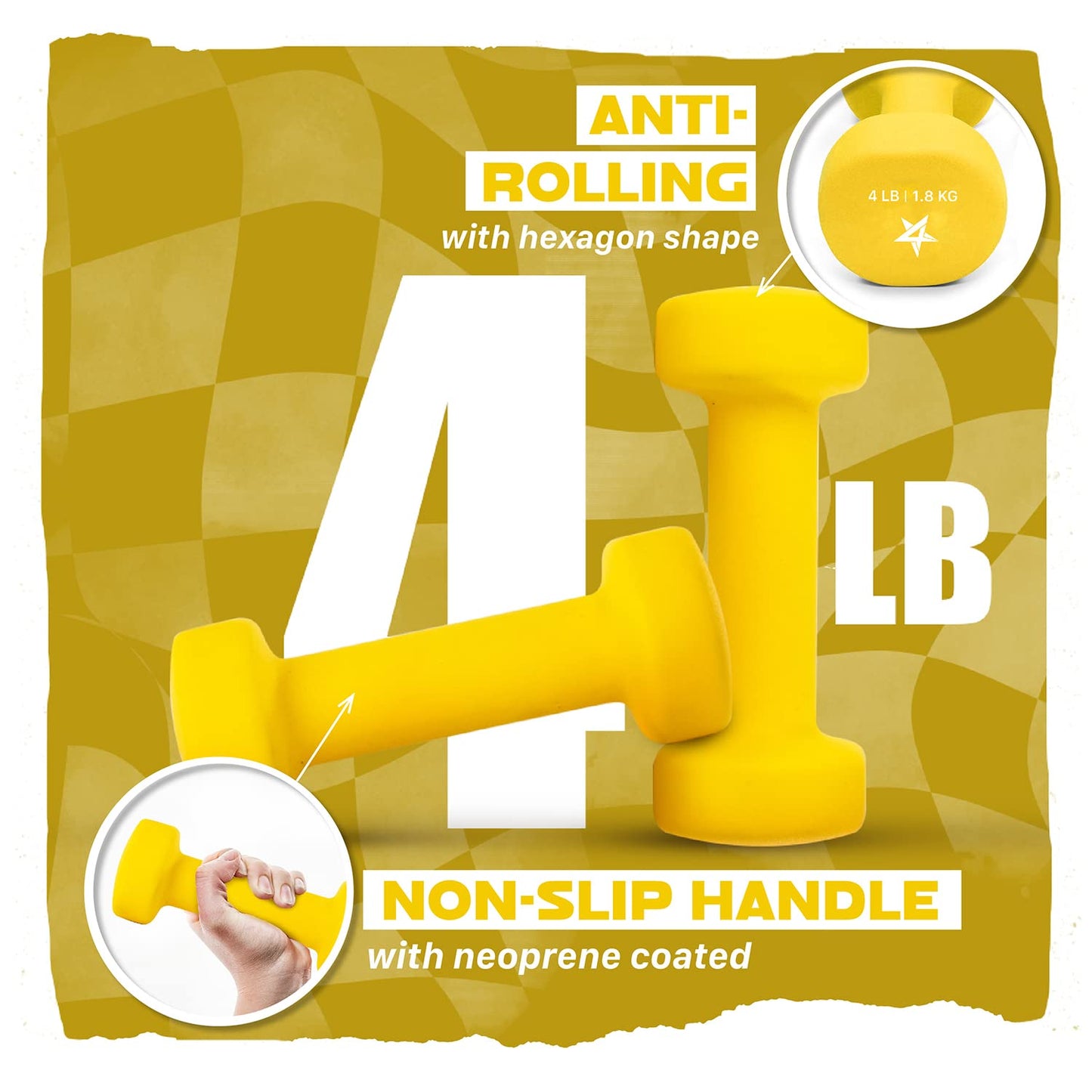 Yes4All Neoprene Coated Dumbbell Hand Weight Sets of 2 - Multiple Weight Options with 15 Colors, Anti-roll, Anti-Slip, Hexagon Shape, Yellow, 4 lb Pair