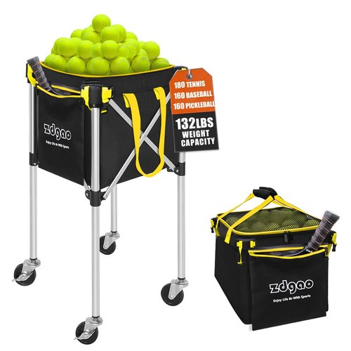 LOMGWAYS Pickleball Tennis Ball Hopper-Foldable Lightweight Tennis Ball Cart Holds 180 Tennis with Removable Bag,Wheel,Side Pocket for Training/Teaching, for Tennis/Pickleball/Baseball/Softball