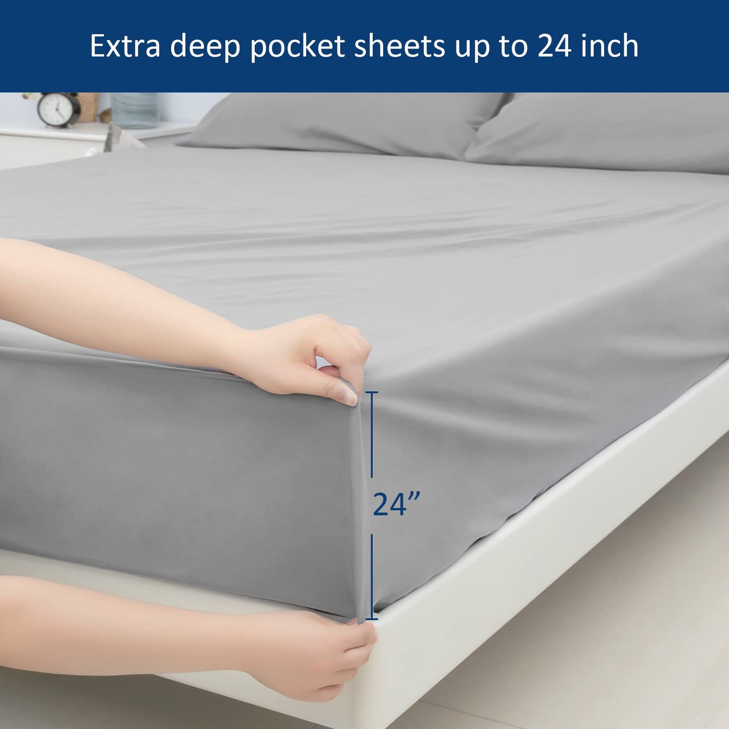 Moonsea Extra Deep Pocket Queen Sheet Sets for Air Mattress - Deep Pocket Sheets Queen Size Sets - Sheets with Pocket on Side - Easily Fits Extra Deep 16 in to 24 in Pillow Top Air Mattress (Grey)
