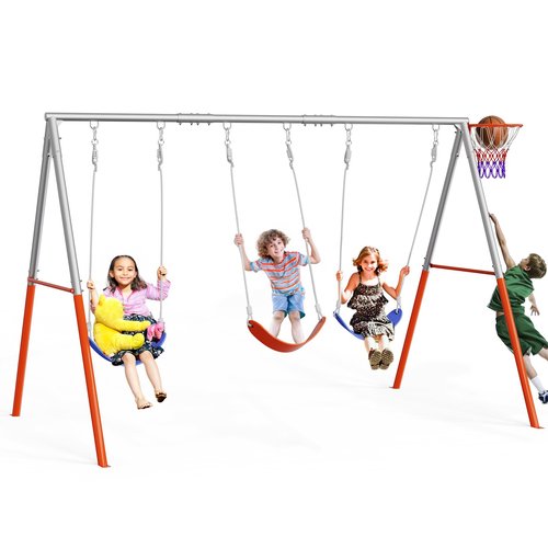 VALUE BOX 3-Seats Swing Sets for Backyard with Basketball-Hoop, Kids Metal Swing Sets for Outdoor with 3 Height-Adjustable Seats, 6 Locking Threaded Hangers, Suitable for DIY (Orange&Blue)