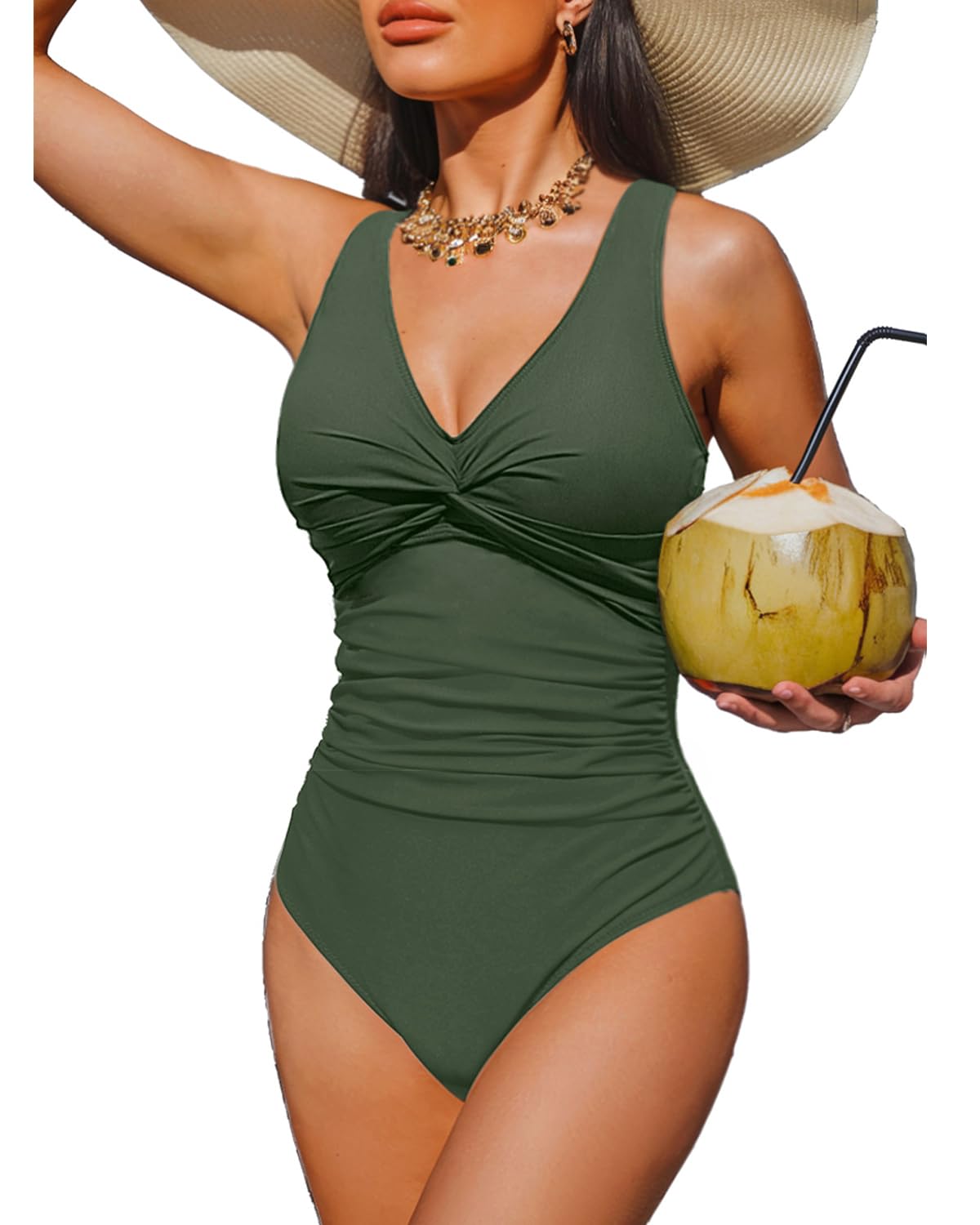 Holipick Solid Army Green Women Tummy Control One Piece Swimsuit - Push Up Bathing Suit Full Coverage Slimming Swimwear XL