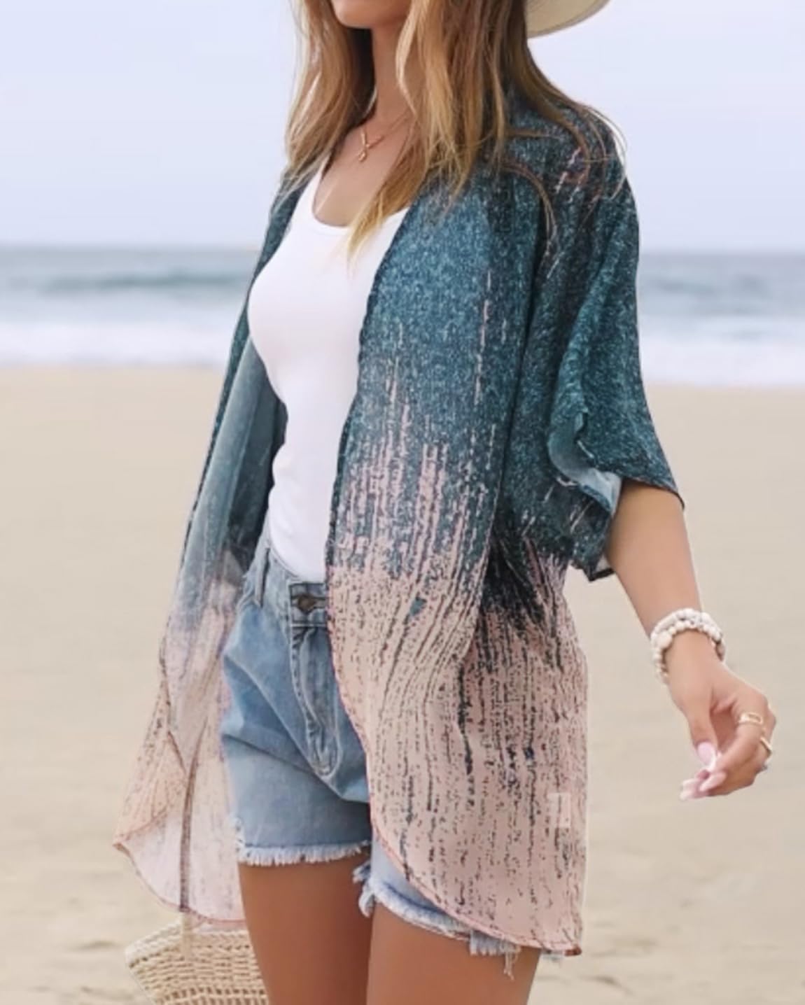 Women's Floral Kimono Print Puff Sleeve Loose Cardigan Cover Up Casual Blouse Tops (Grey Coral, 3XL)