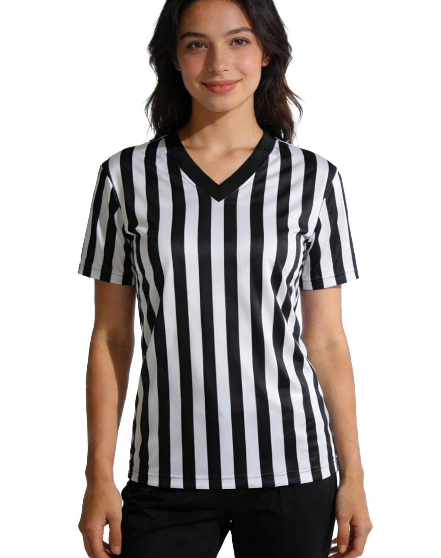 WILLBEFIT Women's Referee Shirt Official Football Basketball V-Neck Ref Jersey for Halloween Costume Umpire Waitress Uniform L