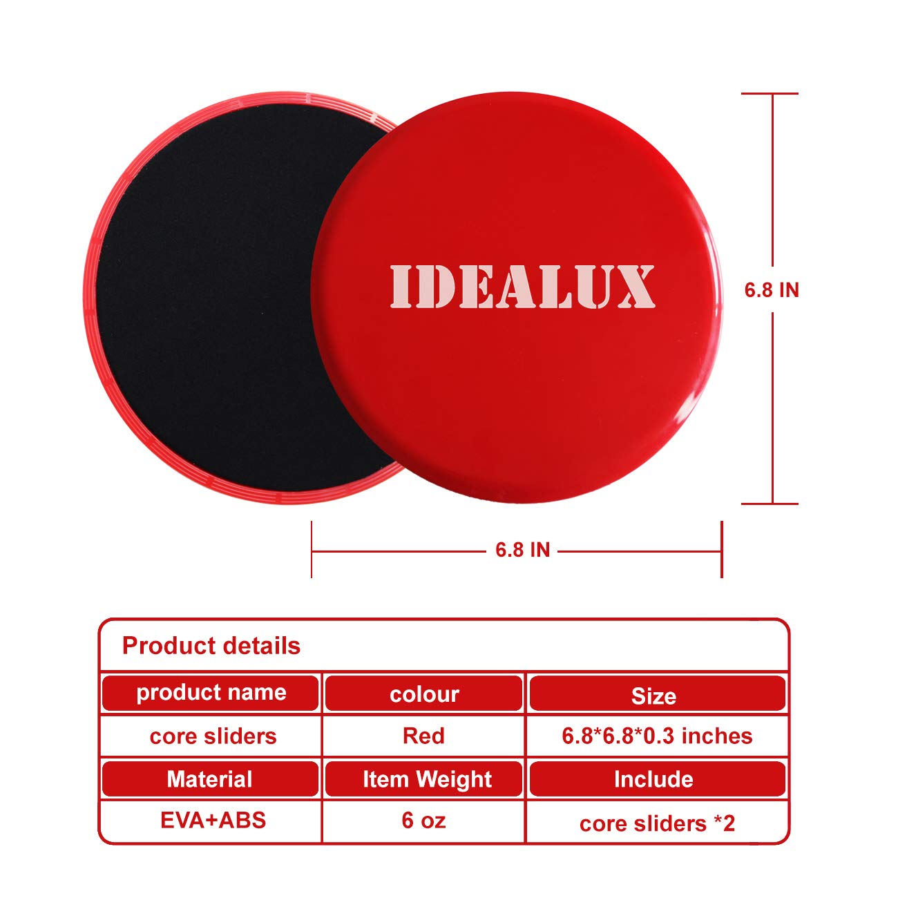 IDEALUX Exercise Sliders Set of 2 Core Sliders, Dual Sided Use on Carpet or Hardwood Floor, Low-Impact Exercises to Strengthen Core, Abs, Full Body Workout, Compact for Gym, Home, Travel (Red)