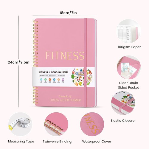 Fitness & Food Journal for Women, Undated 150-day Workout & Wellness Planner with Measuring Tape, Pink Weight Loss Journal for Setting Goals Tracking Exercise Training Diet Progress (9.5’’*7’’)