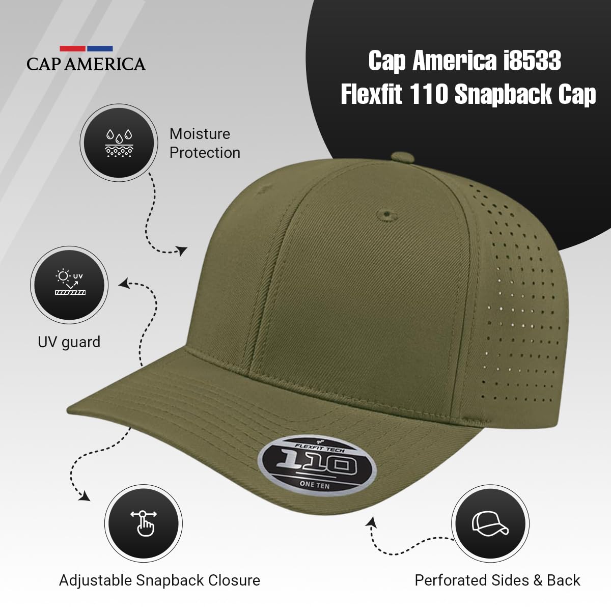 Cap America i8533 2-Pack Flexfit 110 Perforated Performance Snapback Mid Profile 6-Panel Cap w/UV Guard & Adjustable Snapback (Black)
