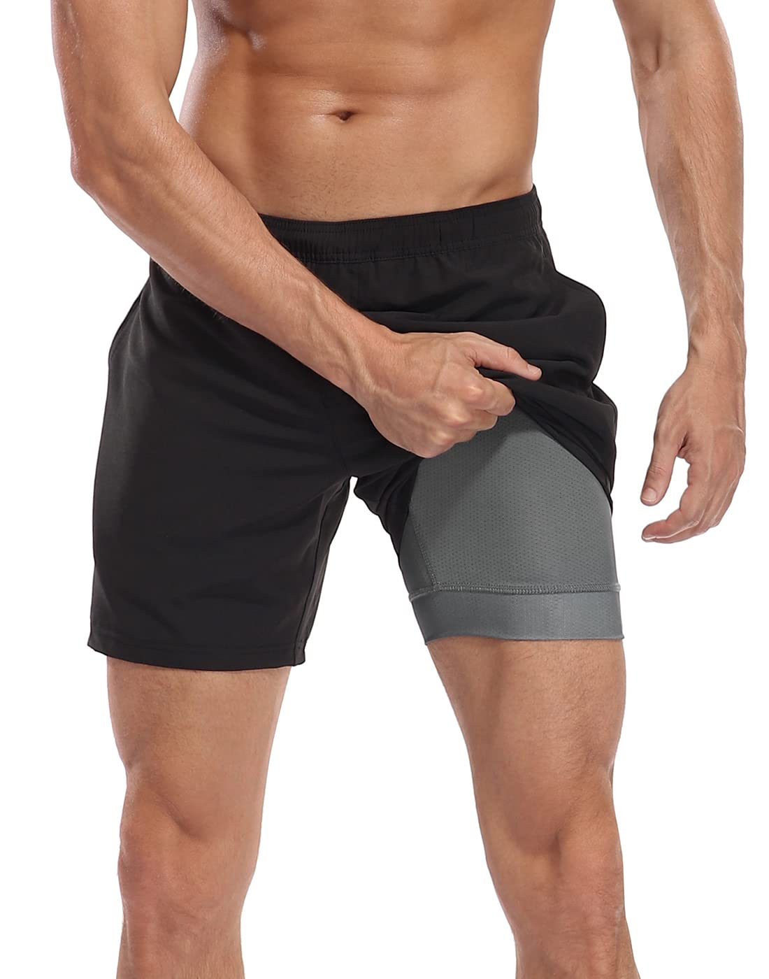 LRD Mens Swim Trunks with Compression Liner 7 inch Inseam Quick Dry Swim Shorts Black/Gray - M