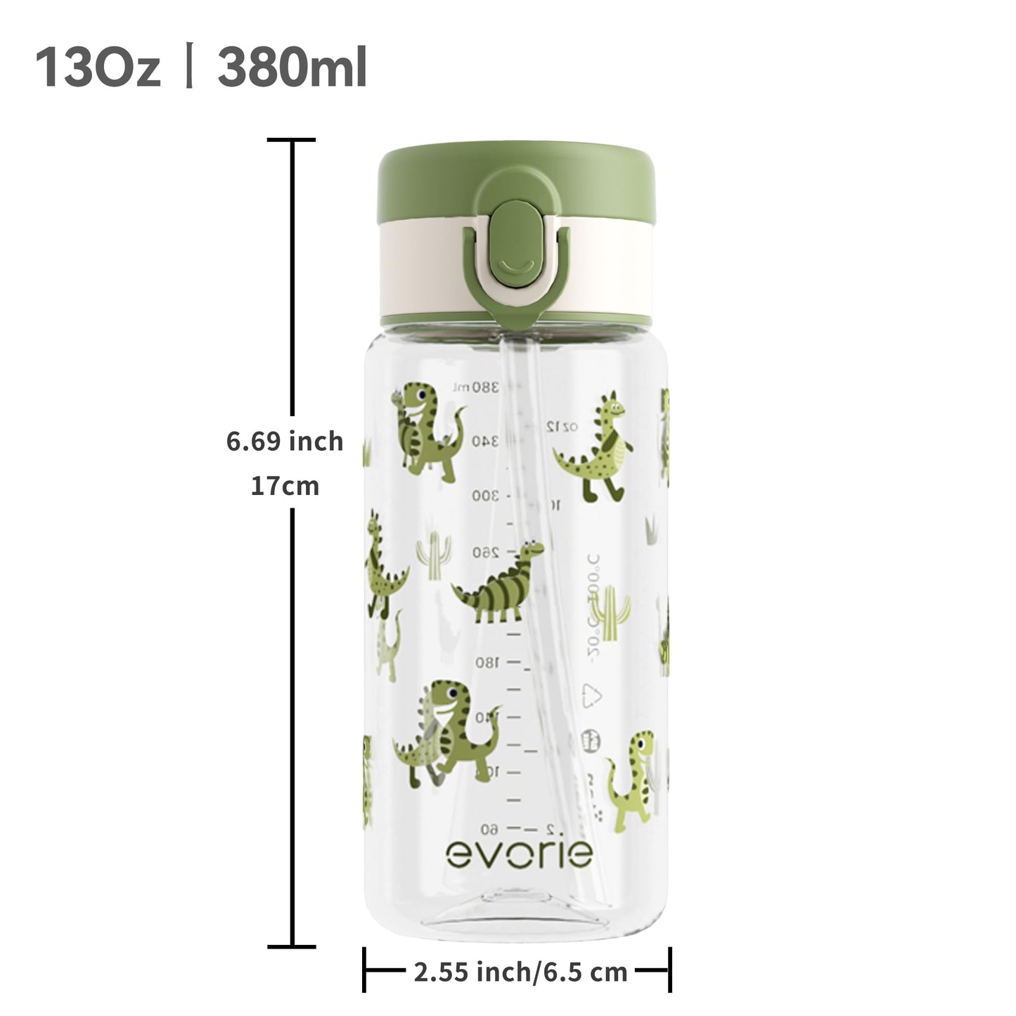 Evorie Tritan Kids Water Bottle with Straw, 13oz BPA-Free Leak-Proof Drinking Bottle for School & Travel, Lightweight Clear Water Bottle, Dishwasher Safe, for Kids Ages 3+ (Green Dino)