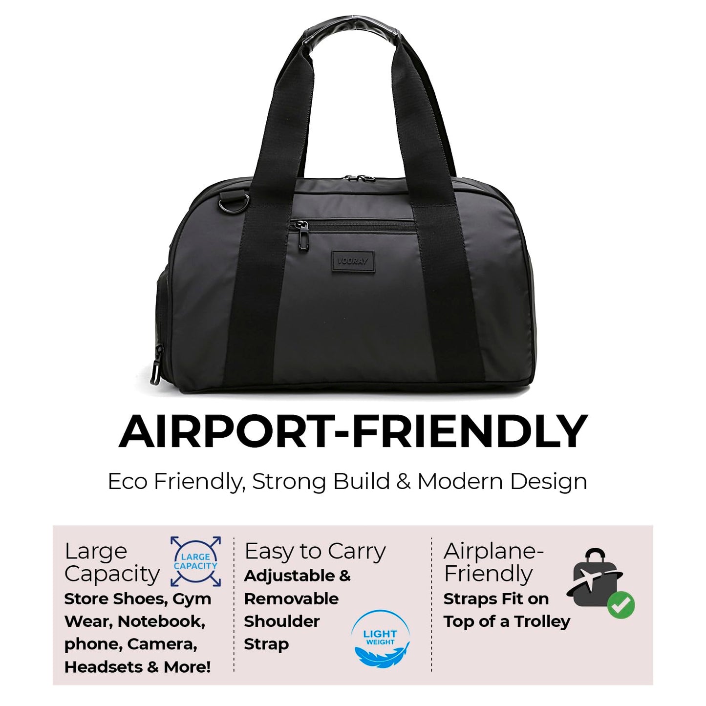 Vooray Burner Gym Duffel Bag – 23L Small Gym Bag for Women and Men with Shoe Compartment and Water Bottle Pocket, Lightweight Travel Duffle for Training, Sports, Overnight Use (Matte Black)