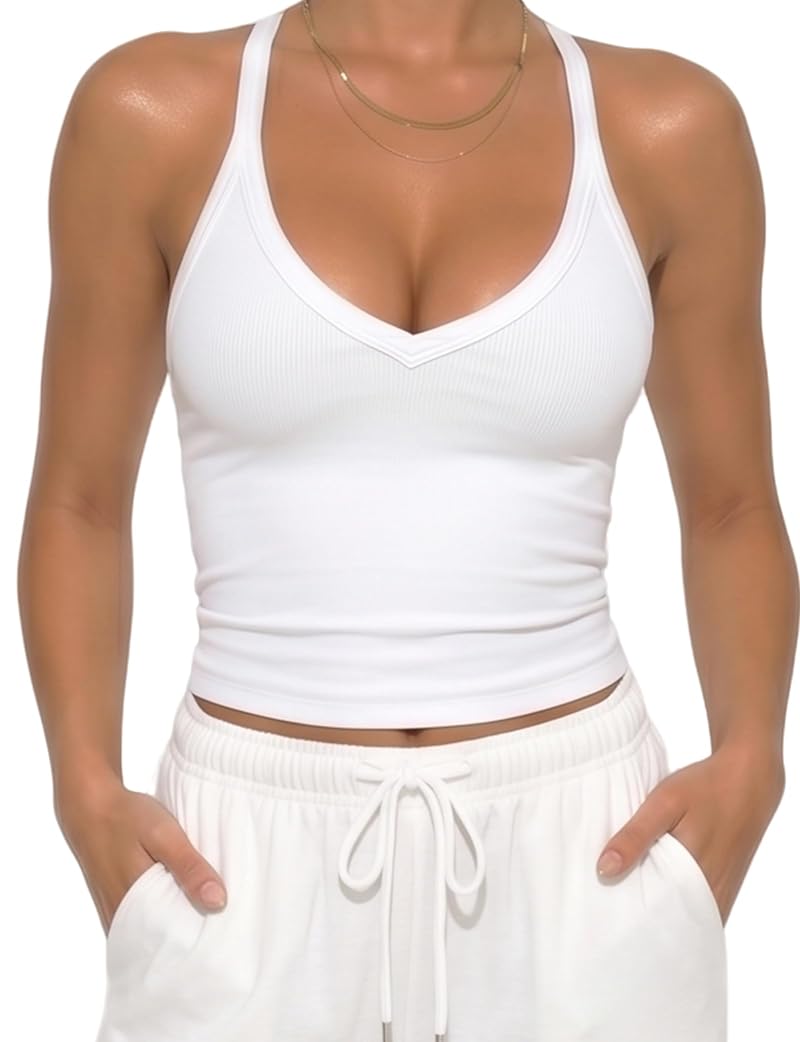 AURUZA White Small Ribbed Racerback V-Neck Tank Top for Women - Long Length, Slim Fit