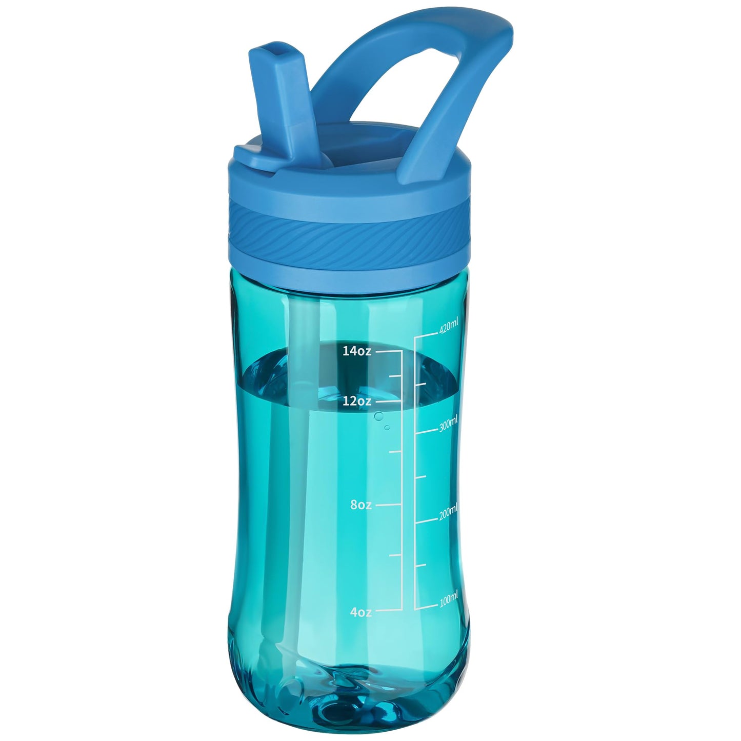 Edmyre 14oz Clear Kids Water Bottle with Straw Lid, BPA-Free Tritan, Measurement Scale, Sturdy Handle Wide Mouth Leak-proof Reusable Plastic Bottle for Boy& Girls, Back to School(Blue)