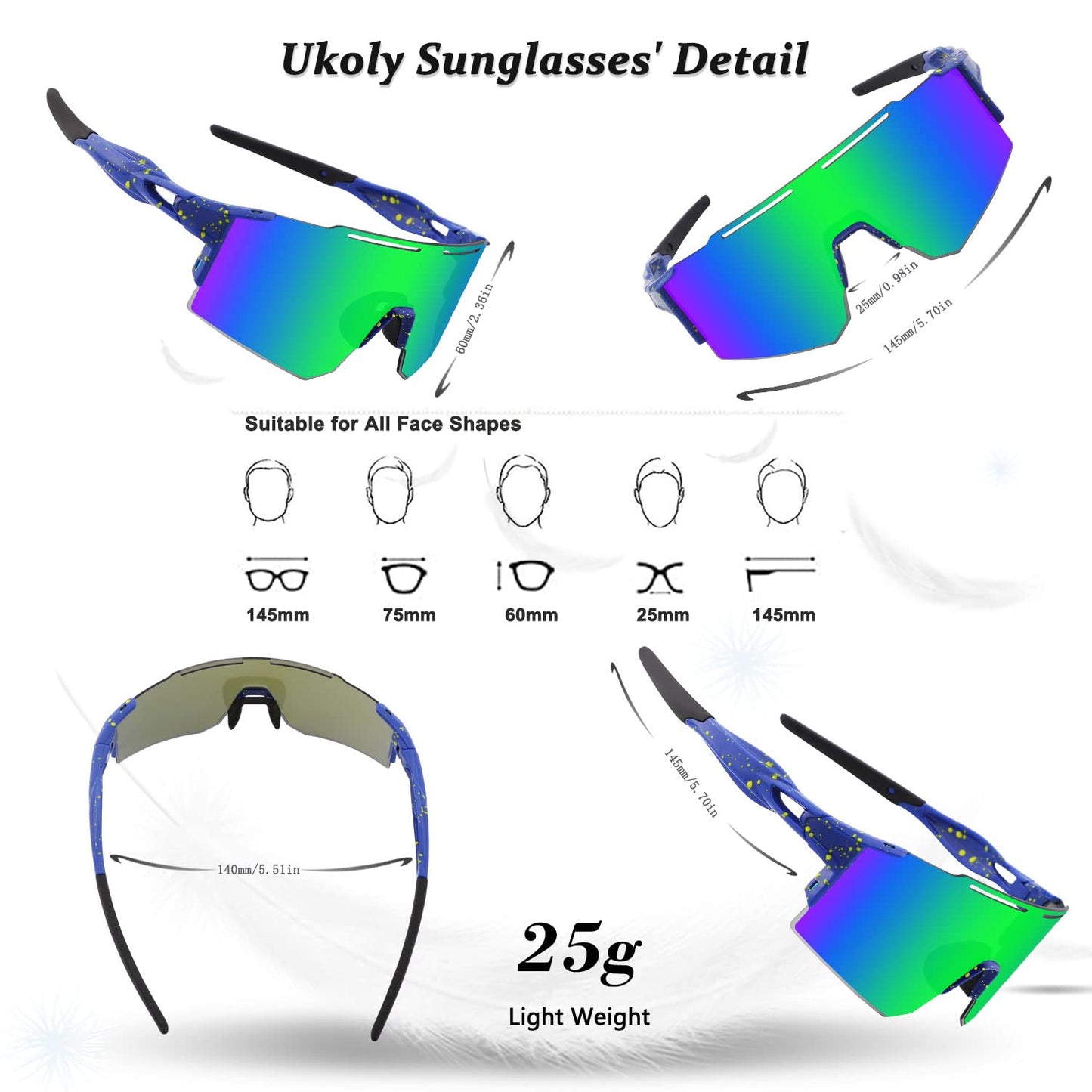 Ukoly Cycling Sunglasses with Interchangeable Nose Pad Men Women, Sports Sunglasses, Fishing Baseball Sun glasses