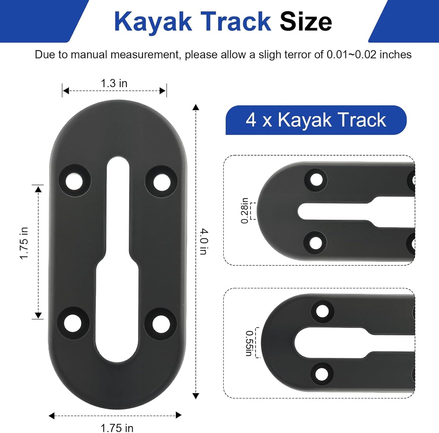 Kayak Track Mount, Kayak Rail Track Mount, Kayak Gear Track Accessories, Kayak Low Profile Track for Fishing Rod Holder, Cup Holder, Paddle Holders, Anchor Cleats (4 in, 4 Holes, 4 Pieces)