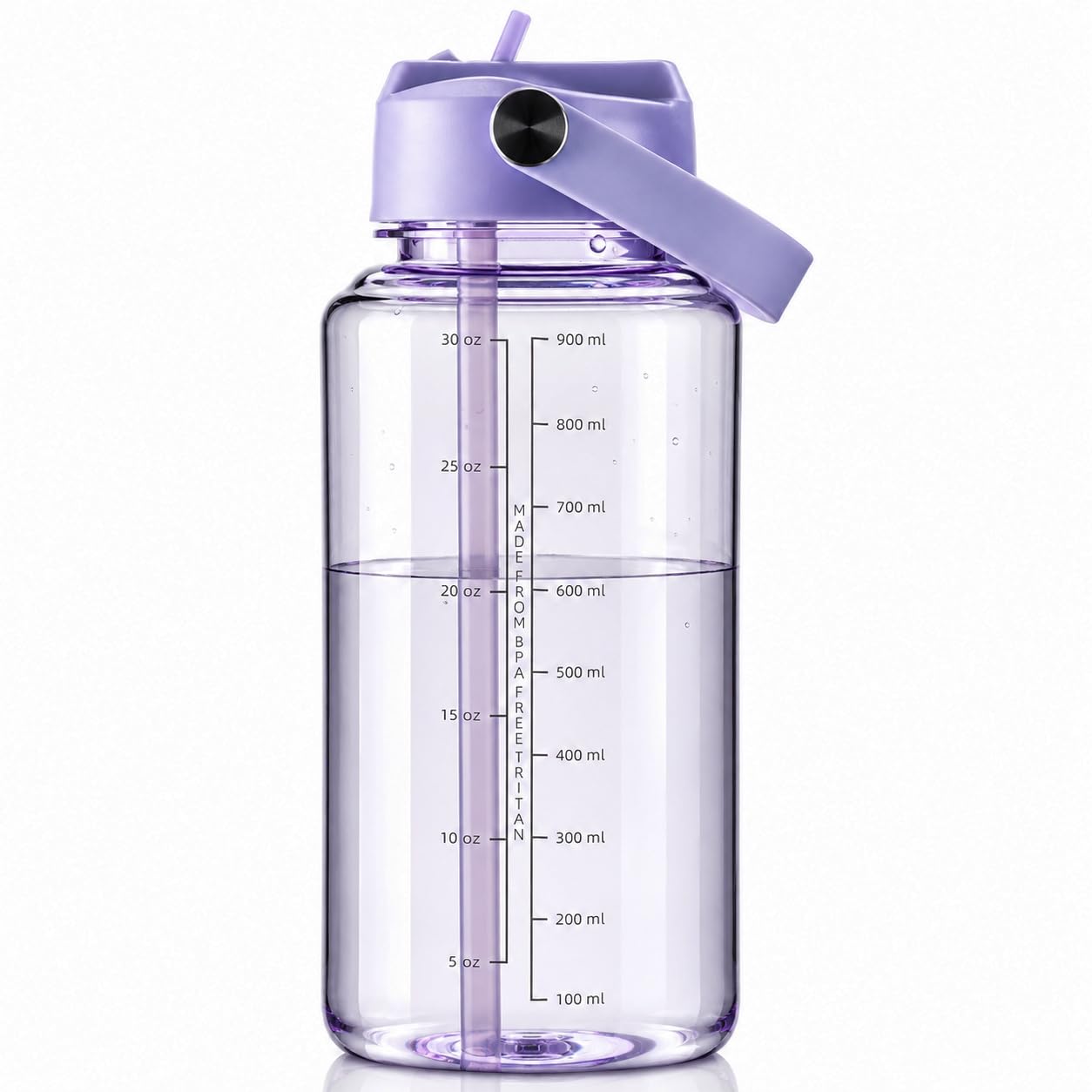 OLDLEY 32oz Water Bottle with Straw,Leakproof Tritan Clear Bottle with Marked Bottle and Carry Handle,BPA-Free Wide Mouth Reusable Sports Water Bottle for Gym,Hiking,Camping,Travel,Workout,Lilac Mist