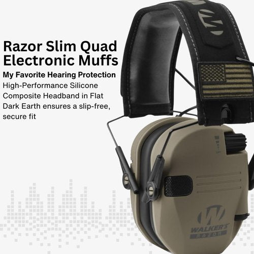 Walker's Razor Slim Electronic Muff (FDE Patriot Version) Bundle Razor Walkie Talkie Attachment, Crosshair Sport Shooting Glasses (Clear), and Microfiber Cleaning Cloth (4 Items)