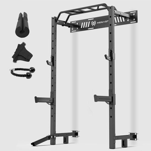 MEGASTAR Wall Mounted Power Rack 50x70mm Commercial Steel Compact Home Gym with Sandwich J-Cup, Safety Arm and Landmine Attachments for Home and Garage Gym, P55 Black