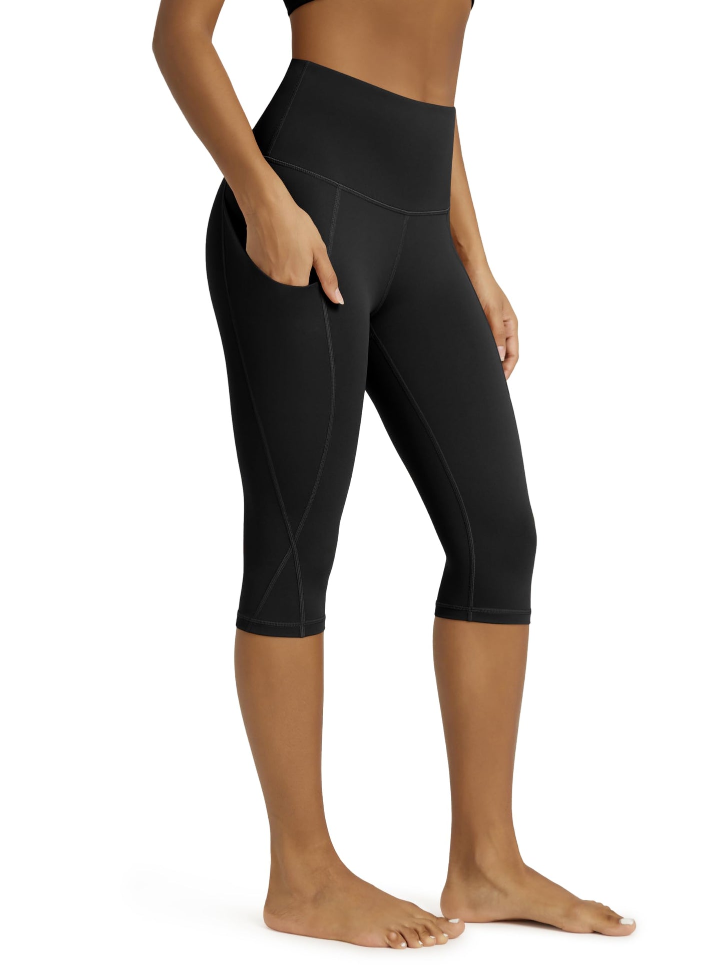ODODOS Women's Knee Length High Waisted Yoga Capri Leggings with Pockets, Workout Running Sports Athletic Yoga Capris, Black, Large