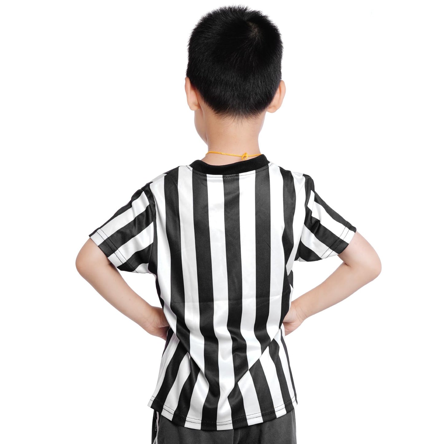 obmwang Kids Referee Shirt Costume, Black and White Stripe V Neck Referee Shirt, Yellow Penalty Flag and Stainless Steel Whistle for Soccer Basketball Football
