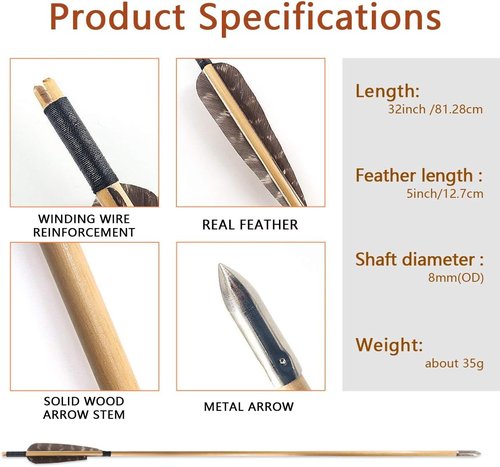 Xuxun 6 or 12 Pcs Pure Handmade Archery Wooden Arrow with Pheasant Turkey Feather Fletching Practice Target Arrows with Silver Point for Traditional Recurve Bow or Longbow (6)