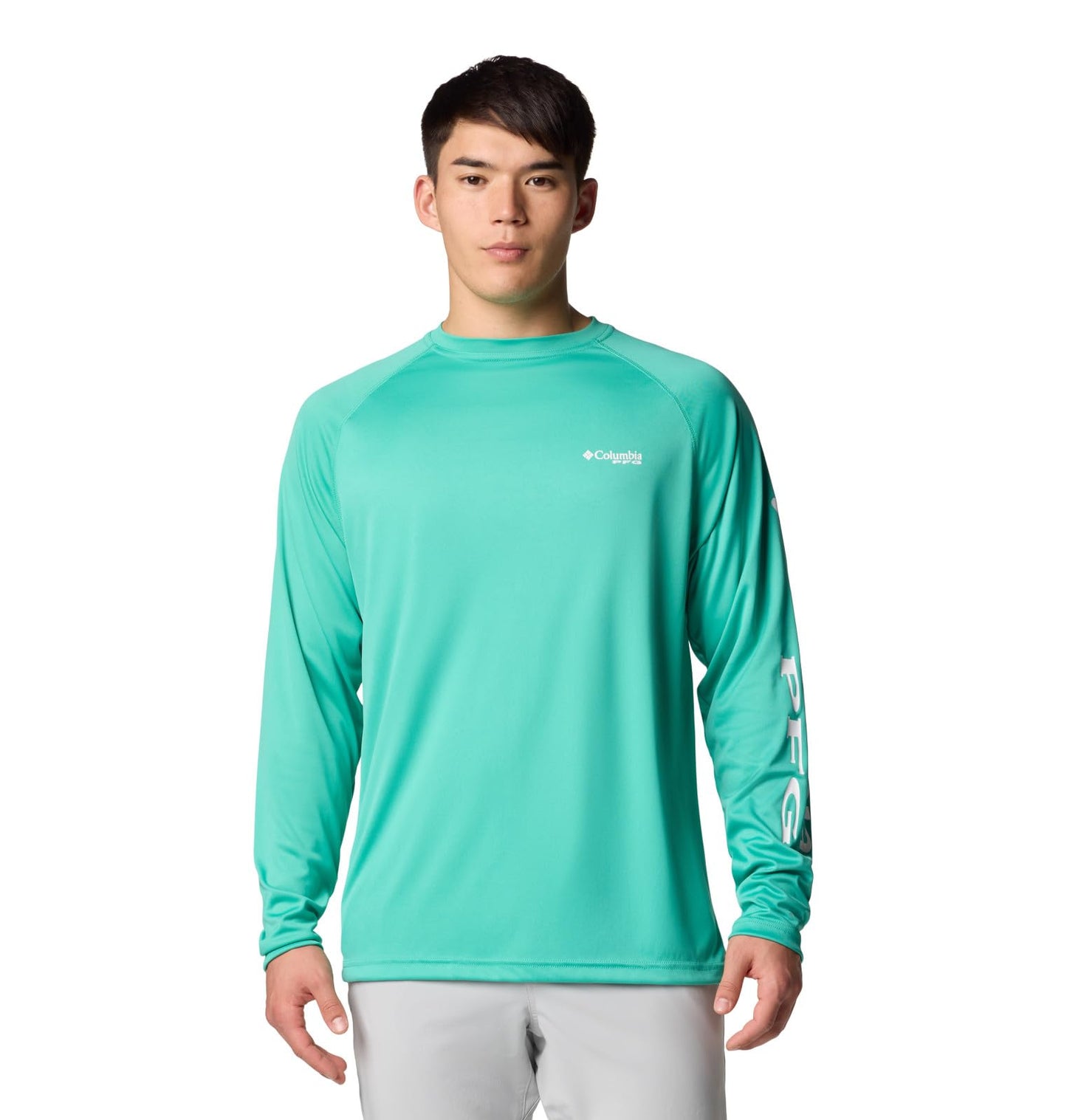 Columbia Men's PFG Terminal Tackle Long Sleeve Fishing Shirt, Glaze Green/White Logo, X-Small
