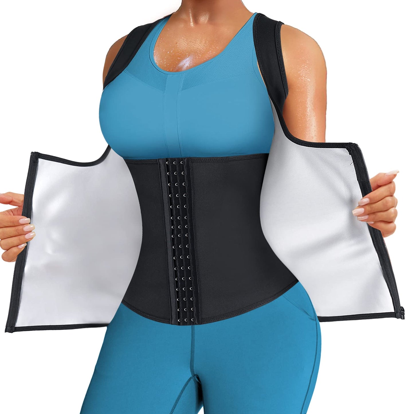 LANCS Sauna Suit for Women Sweat Waist Trainer Zipper Vest Cincher Body Shaper Corset Slimming Workout Tank Tops (Black, Large)