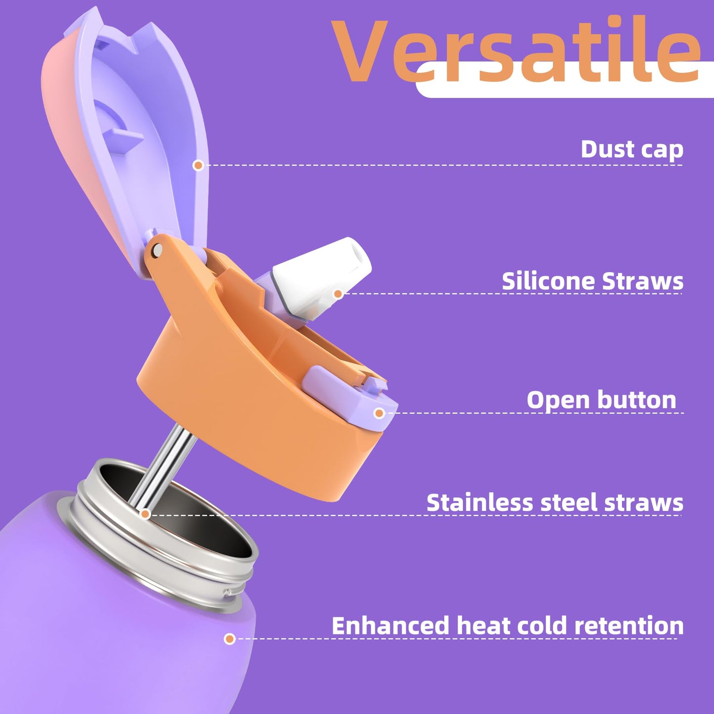 Saseum Water Bottle with Straw, 24 oz Free-Sip Double-Wall Vacuum Insulated Stainless Steel Bottle, One-Click Open Design with Soft Silicone Spout, BPA-Free, Ideal for School, Sports & Travel