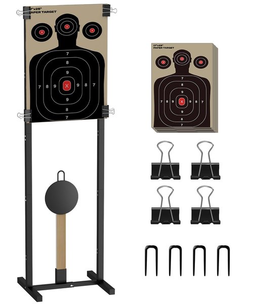 Balie Space 2-in-1 Shooting Target Stand Holder with 10pcs 17x25 Inch Paper Targets for Outdoor, Heavy Duty Range Base Adjustable Width from 8" to 24" for Cardboard Silhouette and Steel Target, Black