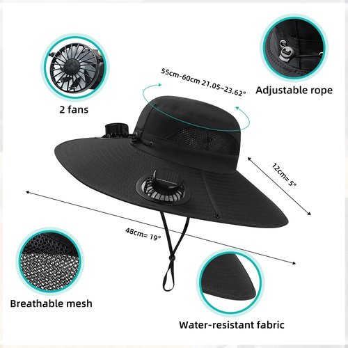 Wide Brim Solar/USB Rechargeable Fan Hat - Adjustable Cooling Sun Hat for Men & Women, Outdoor Fishing Gardening Hats Additional Sunglasses