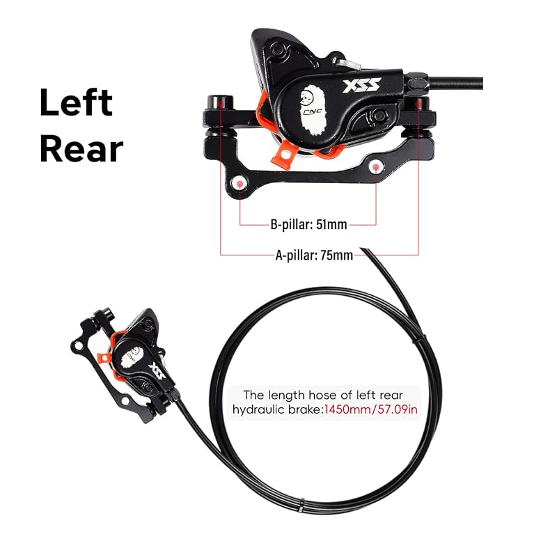 CNC MTB Hydraulic Disc Brake Set - Right Front F160/Left Rear F180, 800mm & 1450mm Hose, Black - Rear Variation