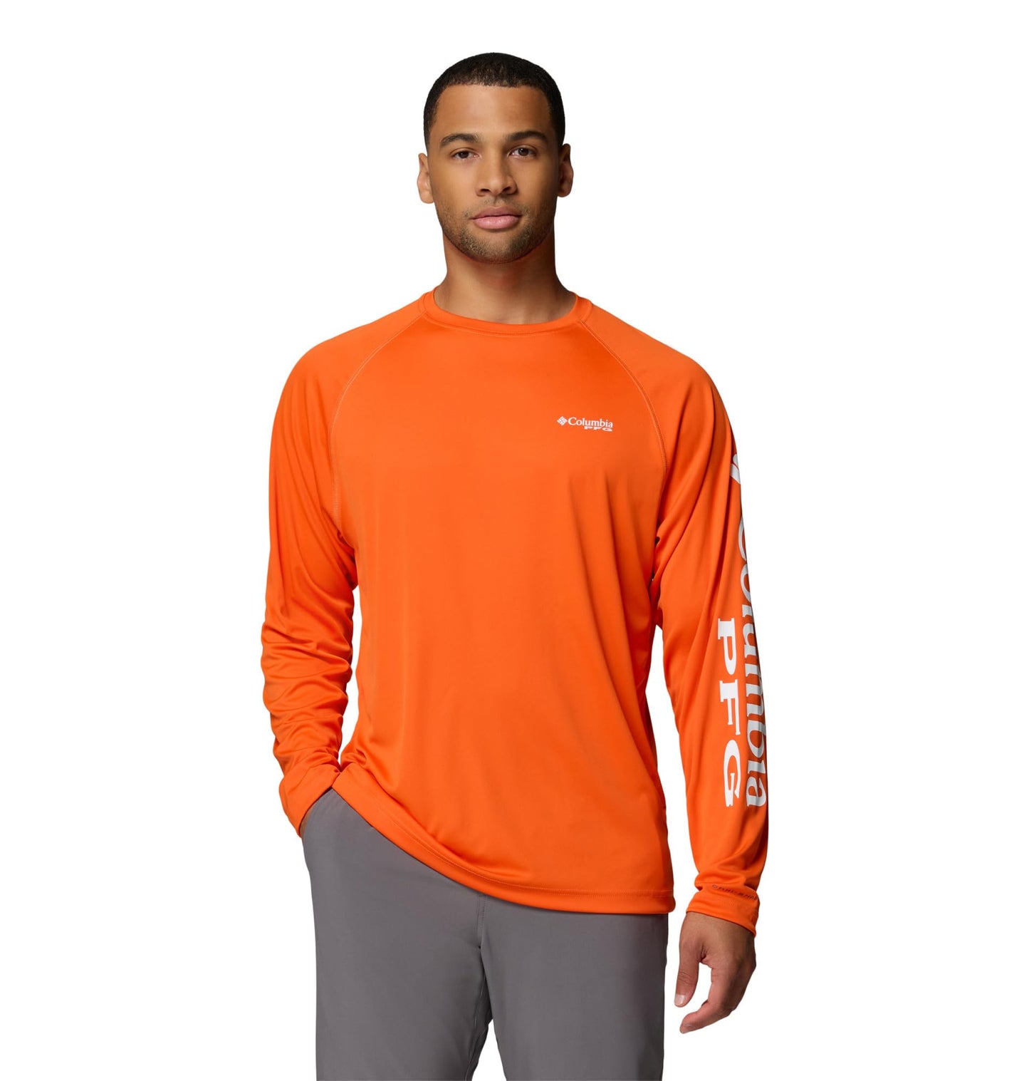 Columbia Men's PFG Terminal Tackle Long Sleeve Fishing Shirt, Spark Orange/White Logo, 6X