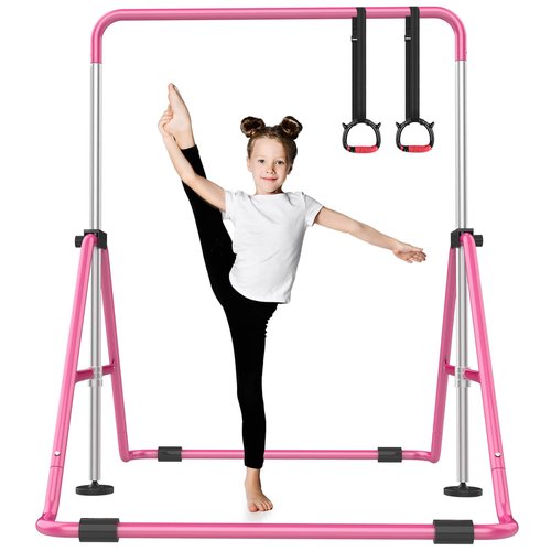 Nimsqury Foldable Gymnastics Bar, 5-Height Adjustable Gymnastic Bars for Kids at Home,Robust & Stable for Indoor/Outdoor Using,Weight Limit 140LBS (Pink)