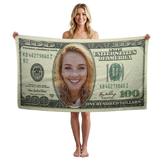 $100 Bill Beach Towel for Kids & Adults – Custom Name or Face Options – Funny Money Beach Towel, Super Soft Silk Touch; Hundred Dollar Bill w/Face, Large 30"x60", 1-Sided Printing, Printed in The USA