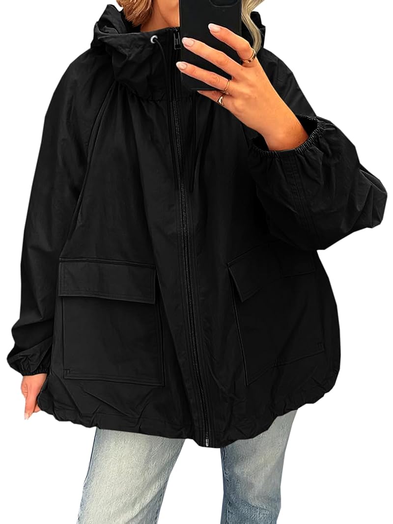 Womens Waterproof Hooded Trench Rain Jacket - Lightweight Windbreaker with Pockets (Black, Medium)