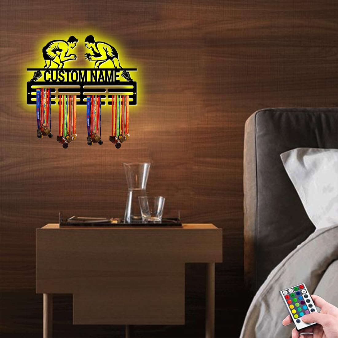 XIAO.Z Personalized Metal Wrestling Medal Hanger Holder Display Rack for Awards Ribbons With Led Light- Custom Sports Medal Holder for Wall,Medal Hanger Display Award Rack With Boy Girl Kid's Name