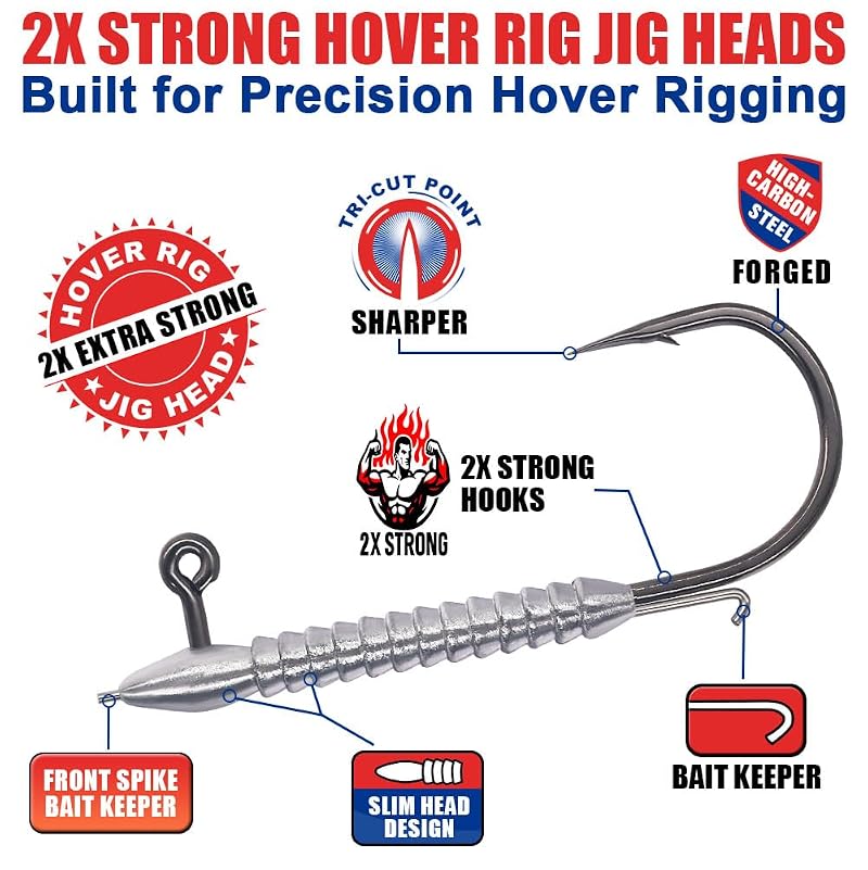Hover Rig Jig Heads 12-Pack 1/32oz–1/8oz 2X Strong Hooks, Front Spike & Bait Keeper for Bass (Variation: 1/16oz-1/0 12pk)