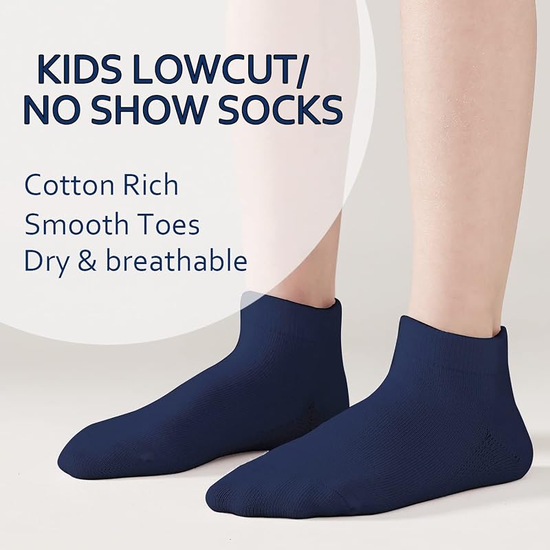 Navy 6 Pack Kids Seamless Ankle Socks - Low Cut No Show Cotton Athletic Socks